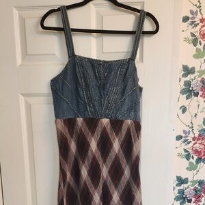 Free People Denim-Top Plaid Maxi Dress - Burgundy Plaid